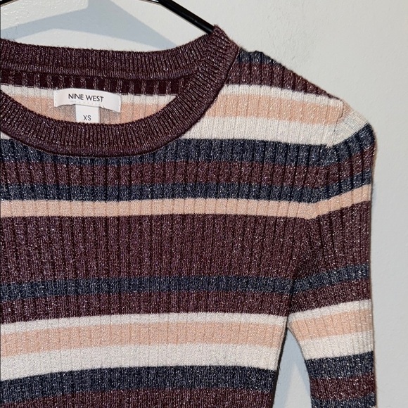 Nine West XS Metallic Striped Crew Neck Sweater Cream, Blue - Picture 3 of 8